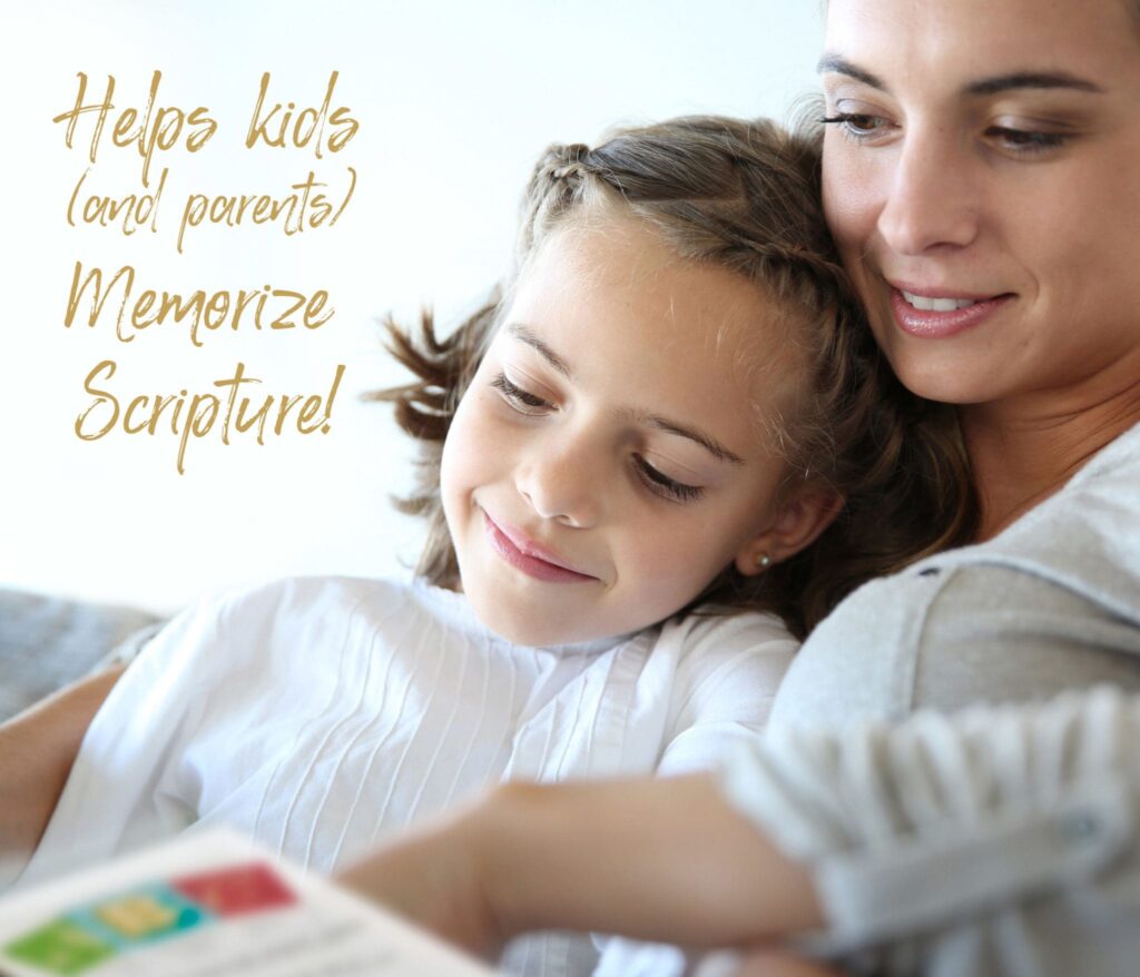 Mother and child reading together from Scriptionery A to Z ABC Scripture Cards, engaging with faith-based learning.