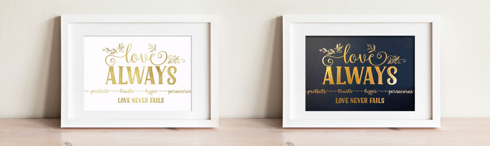 Love Always calligraphy wall art featuring gold lettering on navy and white background options.